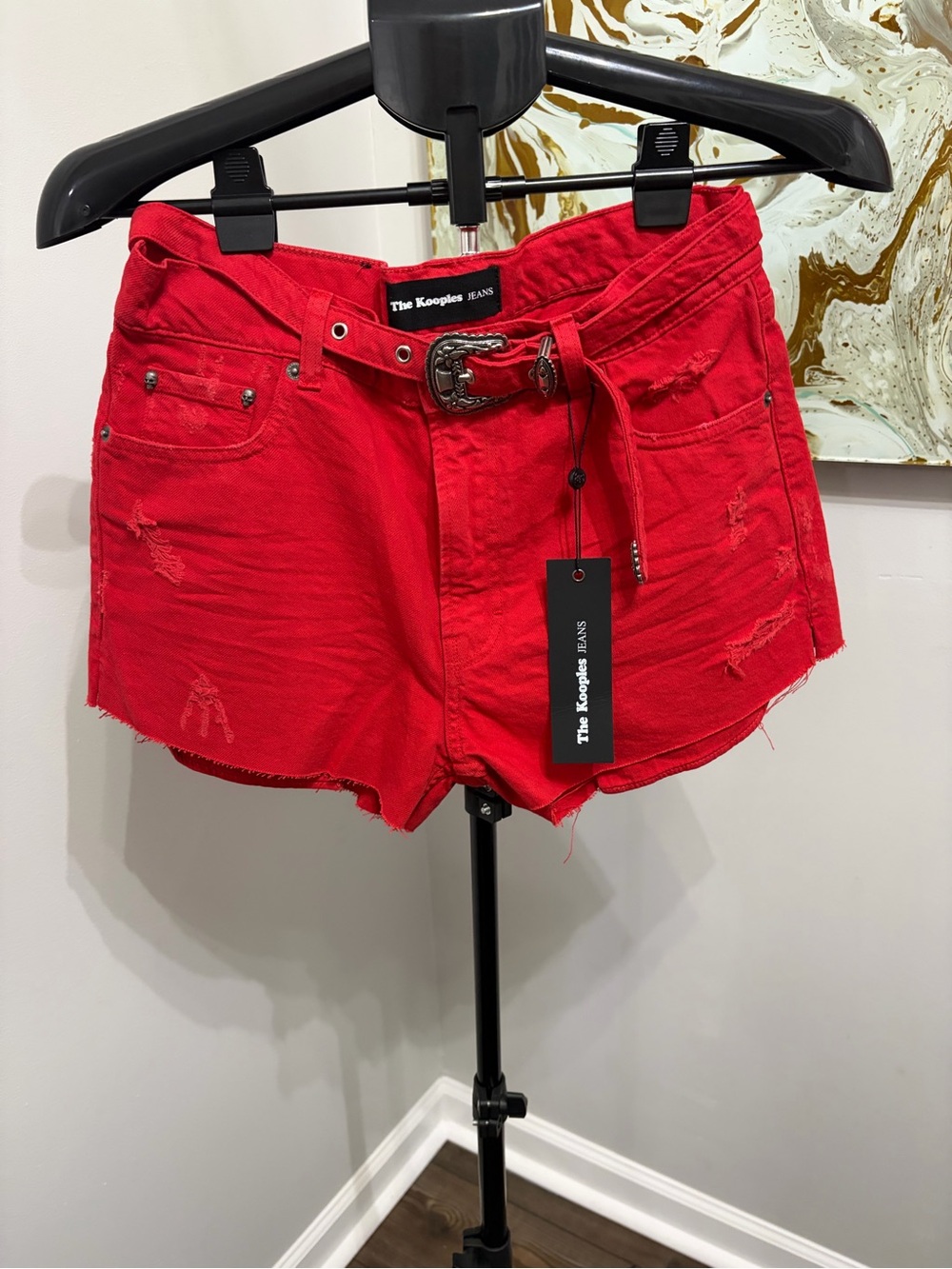 The Kooples Bright Red Distressed Denim Short Shorts with Belt